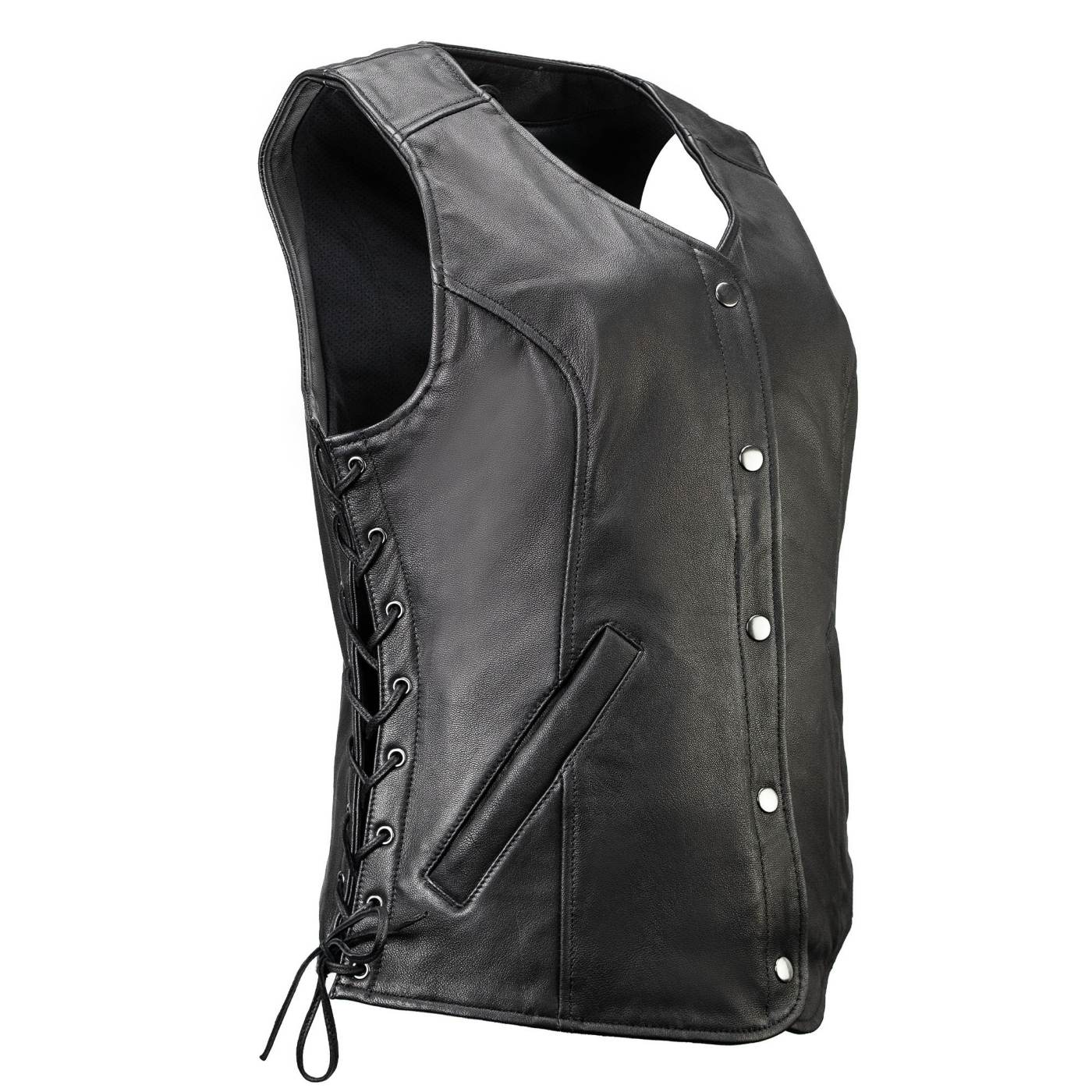 Milwaukee Motorcycle Clothing Co. Women's Born-Free Tall Sizes Black Leather Vest w/ V-Neck, Side Lace, Snap MMC40002