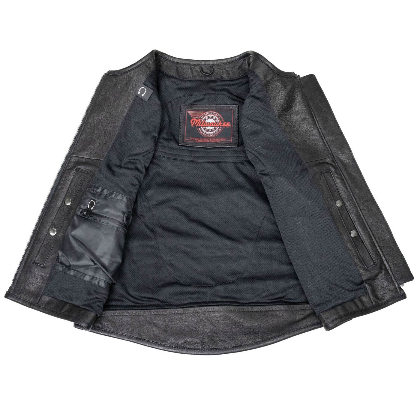 Milwaukee Motorcycle Clothing Co. Women's Gixxer Black Premium Leather Vest w/ Round Neck Side Buckle MMC40003