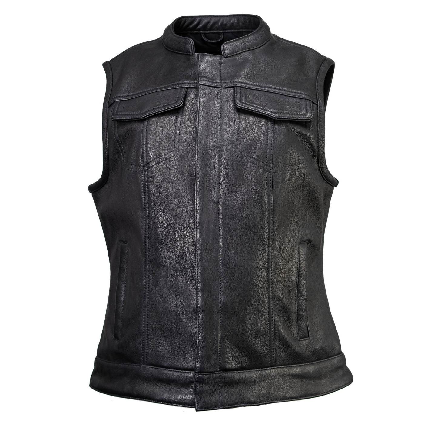 Milwaukee Motorcycle Clothing Co. Women's Girls-Club Black Leather Scooter Style Vest w/ Mandarin Collar MMC40005