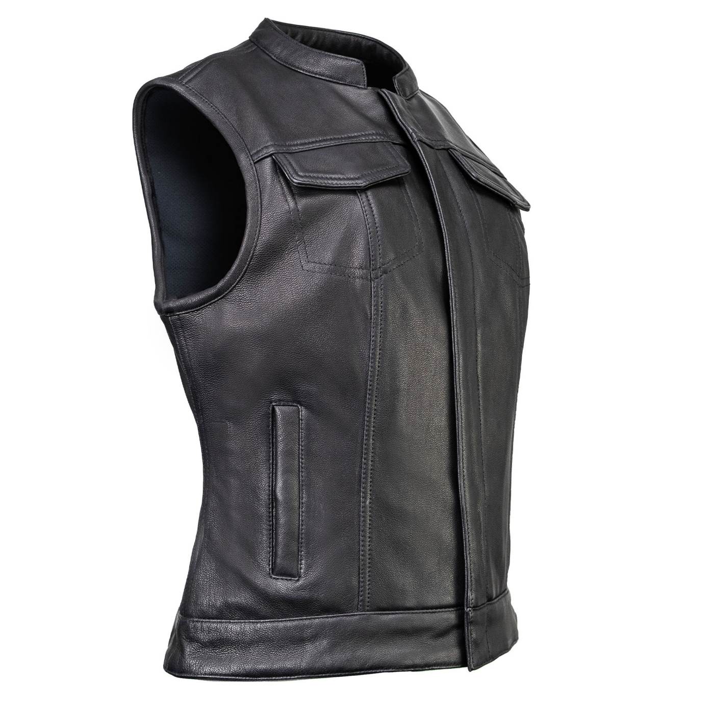 Milwaukee Motorcycle Clothing Co. Women's Girls-Club Black Leather Scooter Style Vest w/ Mandarin Collar MMC40005