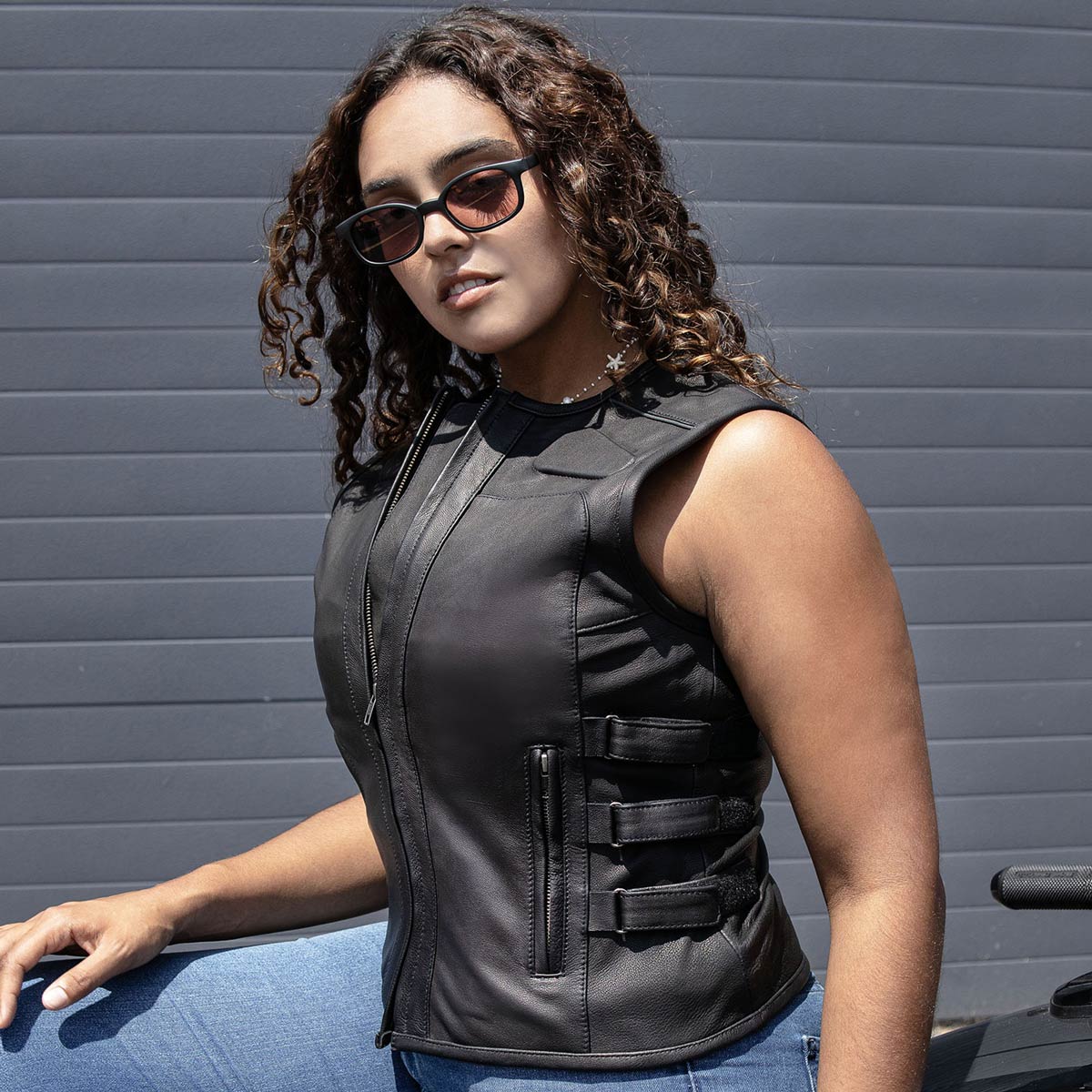 Milwaukee Motorcycle Clothing Co. Women's Gixxer Black Premium Leather Vest w/ Round Neck Side Buckle MMC40003
