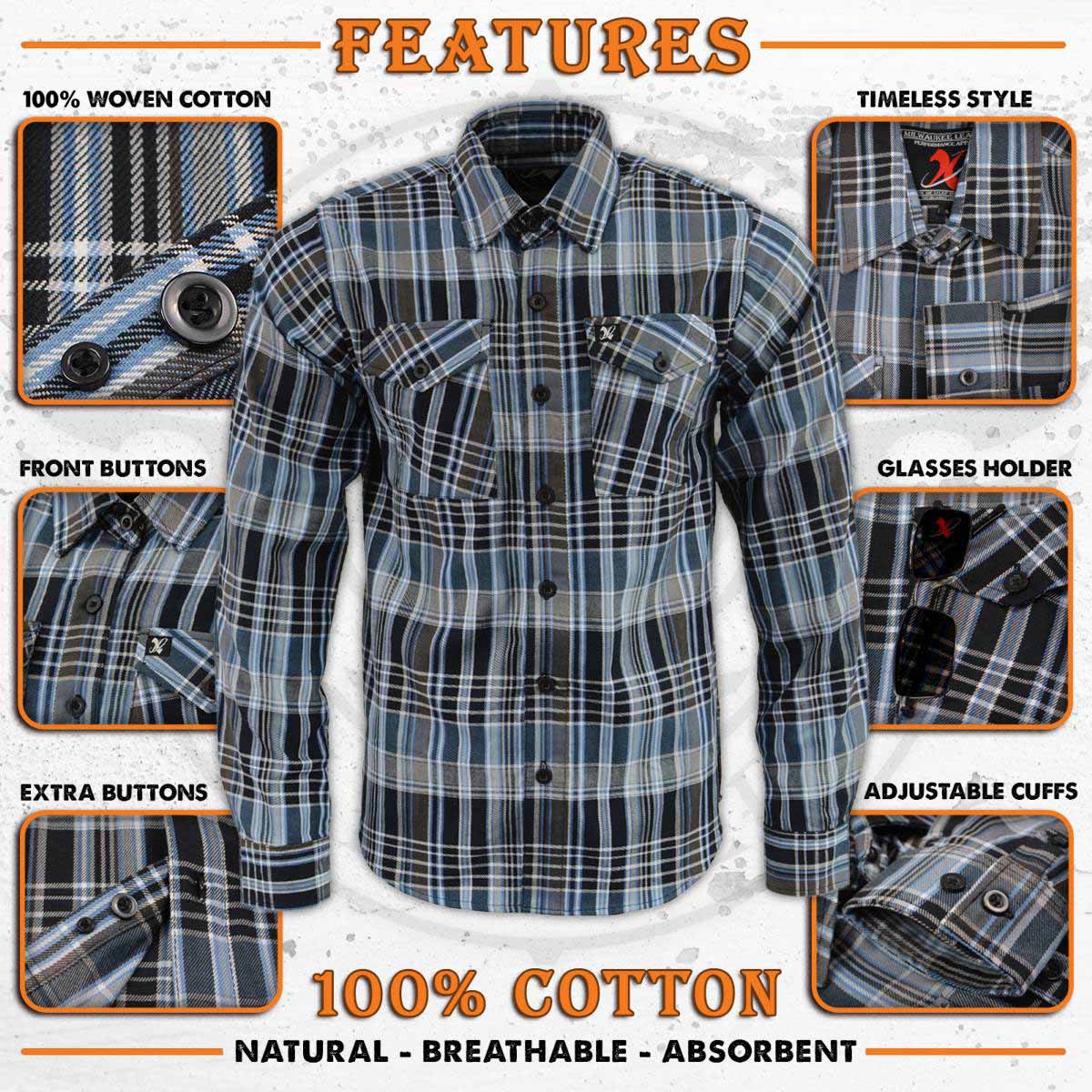 Milwaukee Leather Men's Flannel Plaid Shirt Black and White with Blue Long Sleeve Cotton Button Down Shirt MNG11626