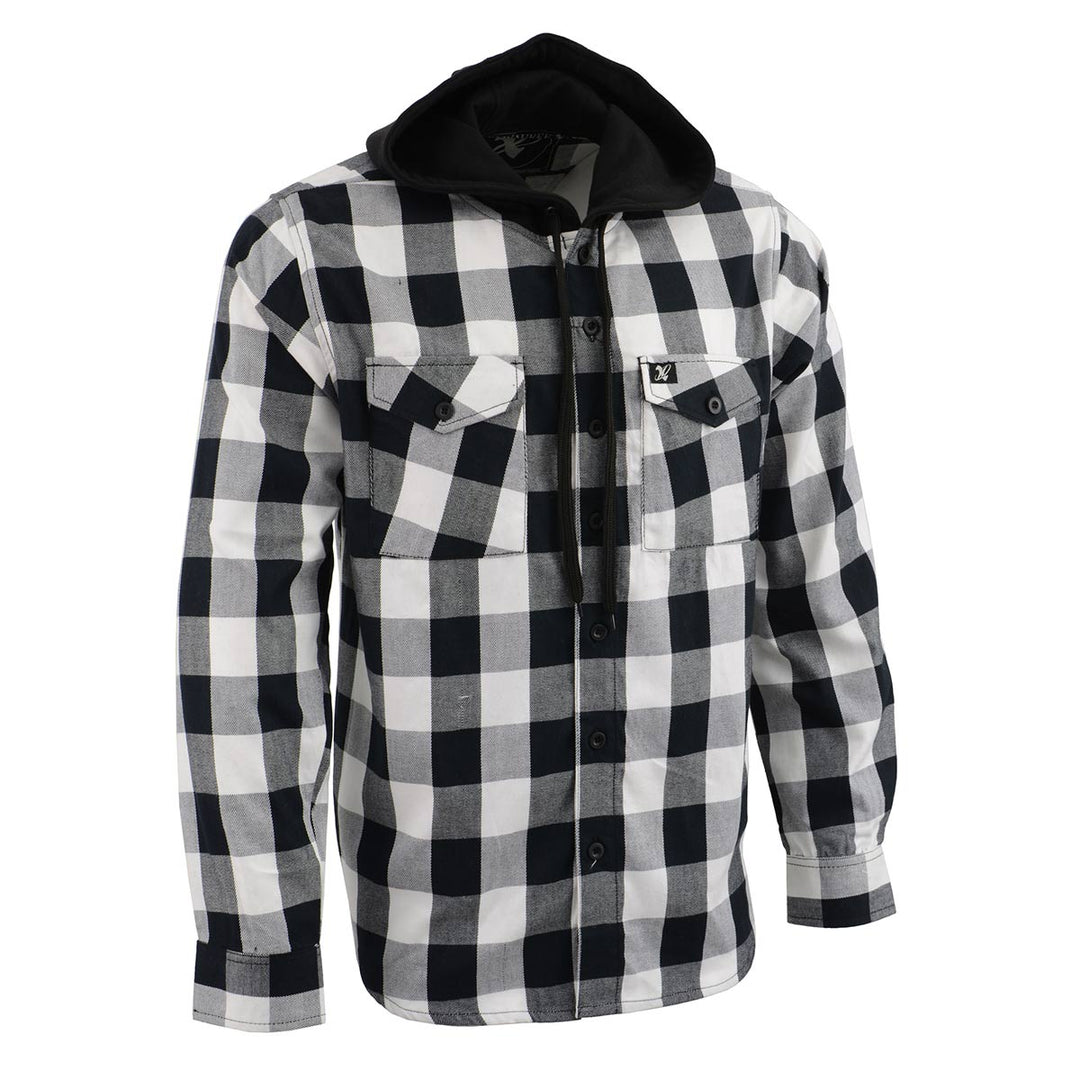 Milwaukee Leather MNG11629 Men's Long Sleeve Flannel Black and White Cotton Button Down Shirt w/ Hoodie