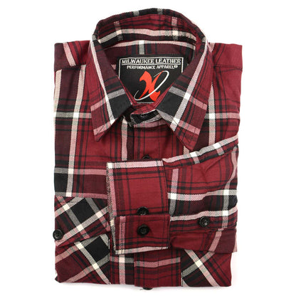 Milwaukee Leather Men's Flannel Plaid Shirt Maroon Black and White Long Sleeve Cotton Button Down Shirt MNG11640