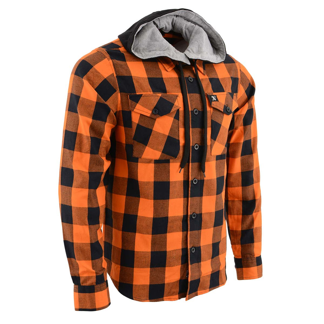 Milwaukee Leather MNG11642 Men's Flannel Plaid Orange and Black Long Sleeve Cotton Button Down Shirt w/ Hoodie