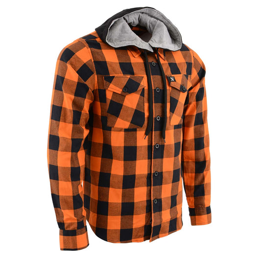Milwaukee Leather MNG11642 Men's Flannel Plaid Orange and Black Long Sleeve Cotton Button Down Shirt w/ Hoodie