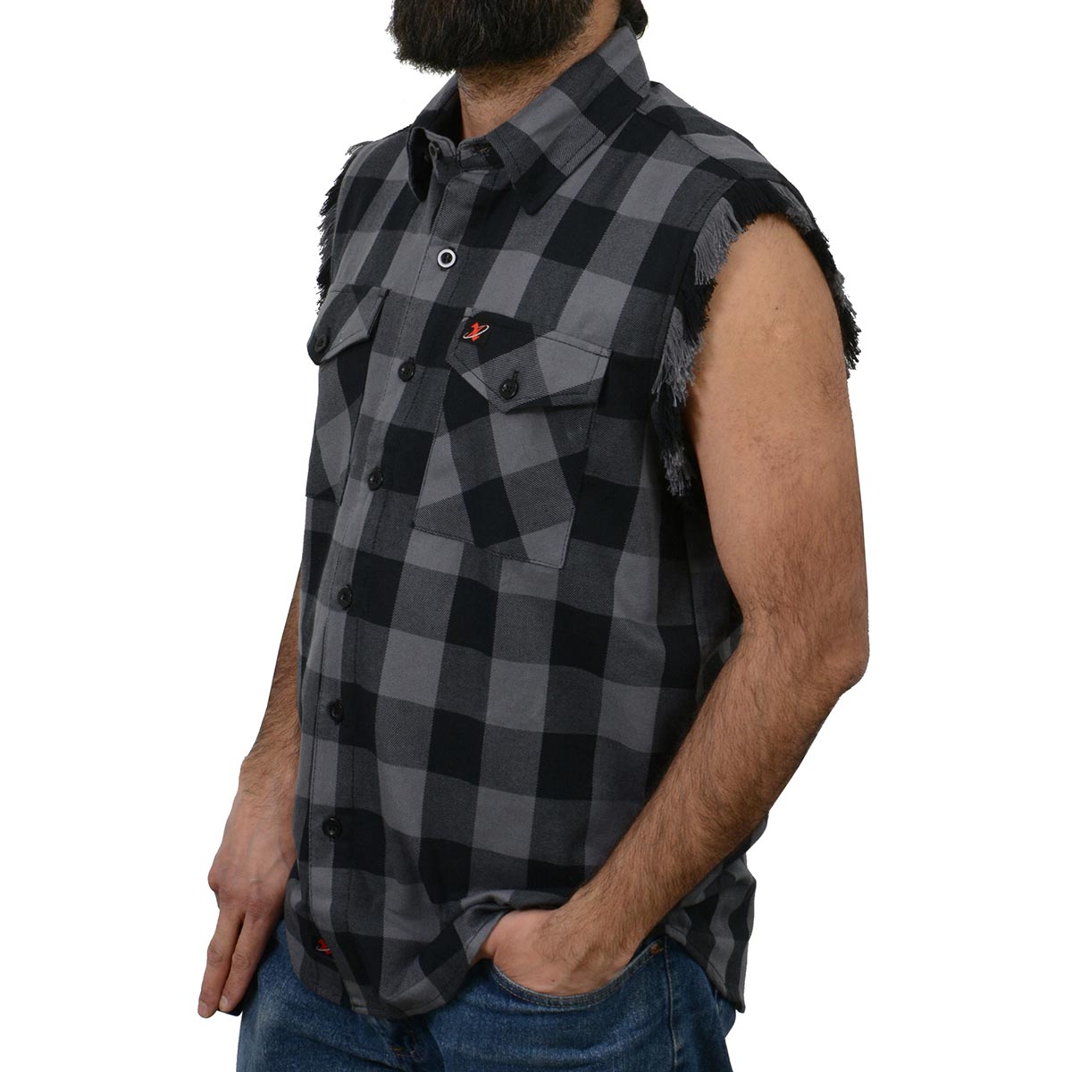 Milwaukee Leather MNG11689 Men’s Classic Black and Grey Button-Down Flannel Cut Off Frayed Sleeveless Casual Shirt