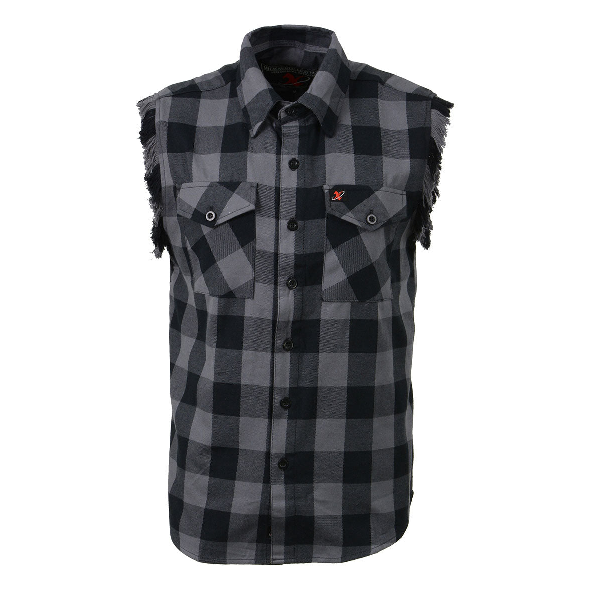 Milwaukee Leather MNG11689 Men’s Classic Black and Grey Button-Down Flannel Cut Off Frayed Sleeveless Casual Shirt