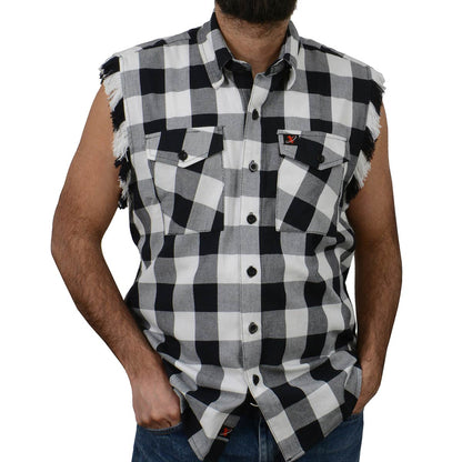 Milwaukee Leather MNG11690 Men’s Classic Black and White Button-Down Flannel Cut Off Frayed Sleeveless Casual Shirt