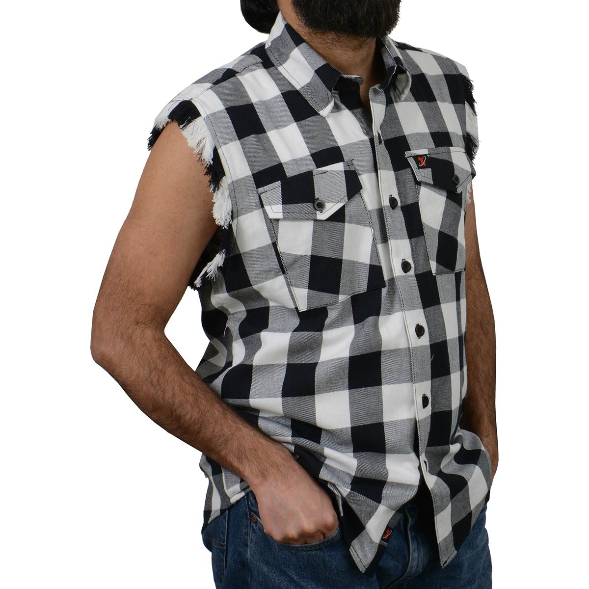 Milwaukee Leather MNG11690 Men’s Classic Black and White Button-Down Flannel Cut Off Frayed Sleeveless Casual Shirt