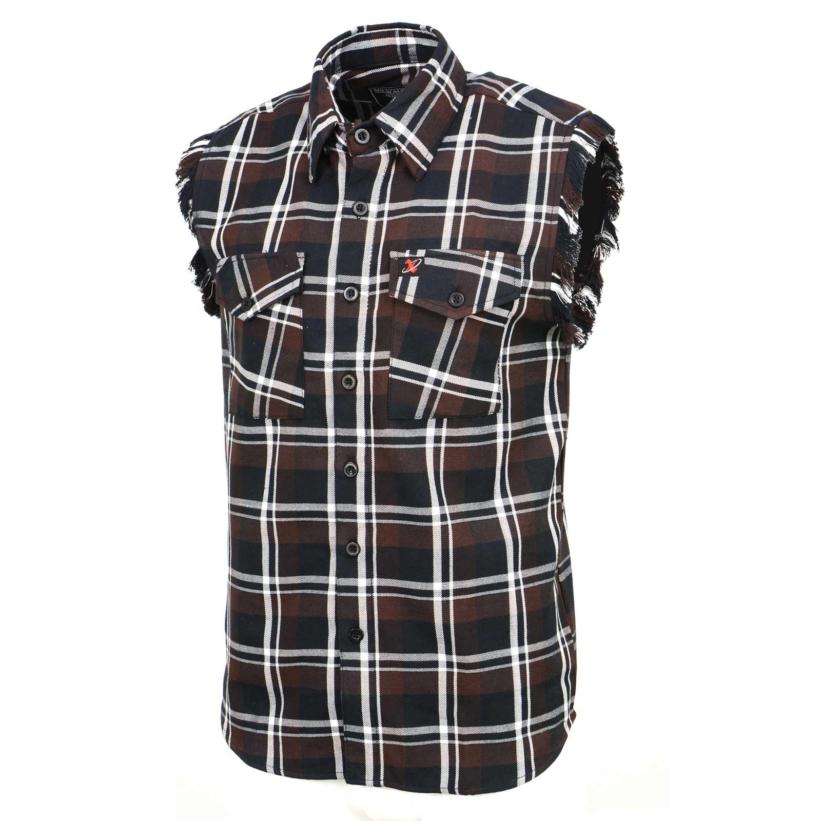 Milwaukee Leather MNG11693 Men’s Classic Black and Brown Button-Down Flannel Cut Off Frayed Sleeveless Casual Shirt