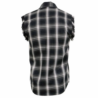 Milwaukee Leather MNG11694 Men’s Classic Black and White Button-Down Flannel Cut Off Frayed Sleeveless Casual Shirt