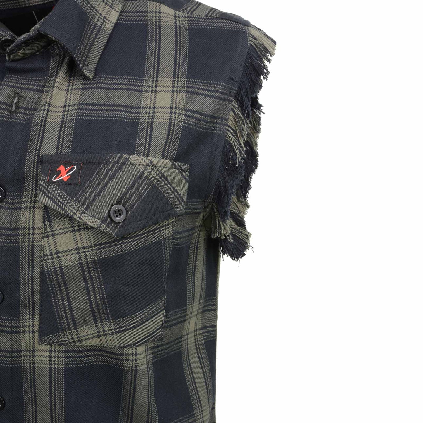 Milwaukee Leather MNG11695 Men’s Classic Black and Dark Grey Button-Down Flannel Cut Off Frayed Sleeveless Casual Shirt