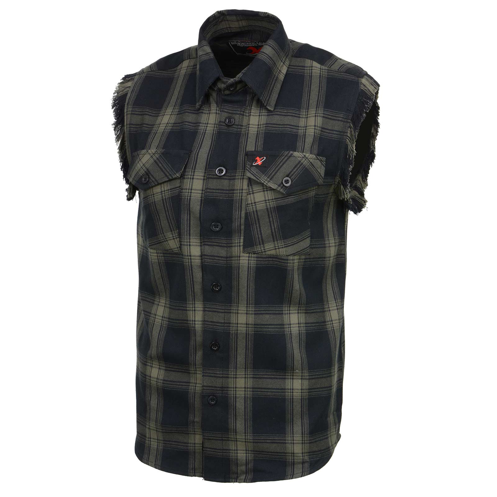 Milwaukee Leather MNG11695 Men’s Classic Black and Dark Grey Button-Down Flannel Cut Off Frayed Sleeveless Casual Shirt