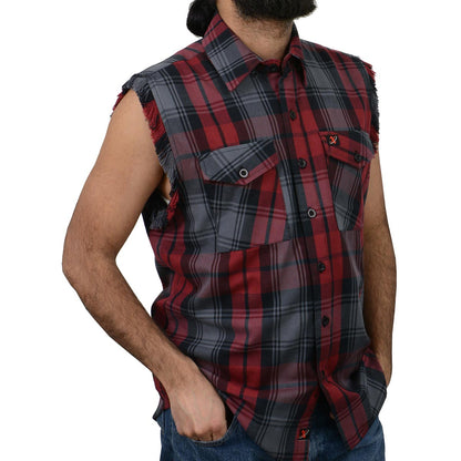 Milwaukee Leather MNG11696 Men’s Classic Black and Grey with Red Button-Down Flannel Cut Off Frayed Sleeveless Casual Shirt