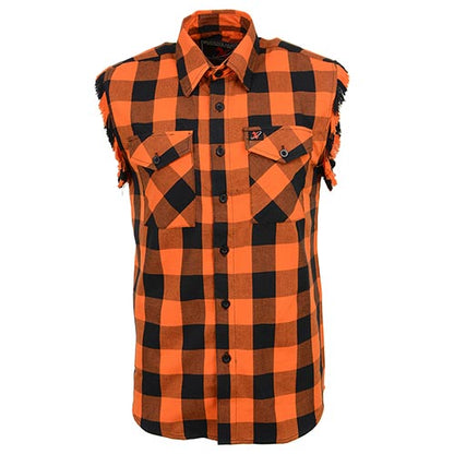 Milwaukee Leather MNG11698 Men’s Classic Black and Orange Button-Down Flannel Cut Off Frayed Sleeveless Casual Shirt