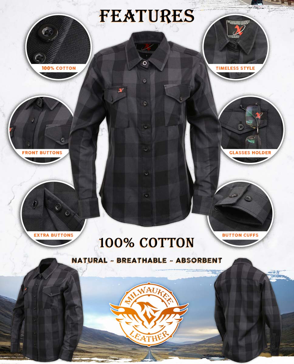 Milwaukee Leather MNG21608 Women's Casual Dark Gray and Black Long Sleeve Cotton Casual Flannel Shirt