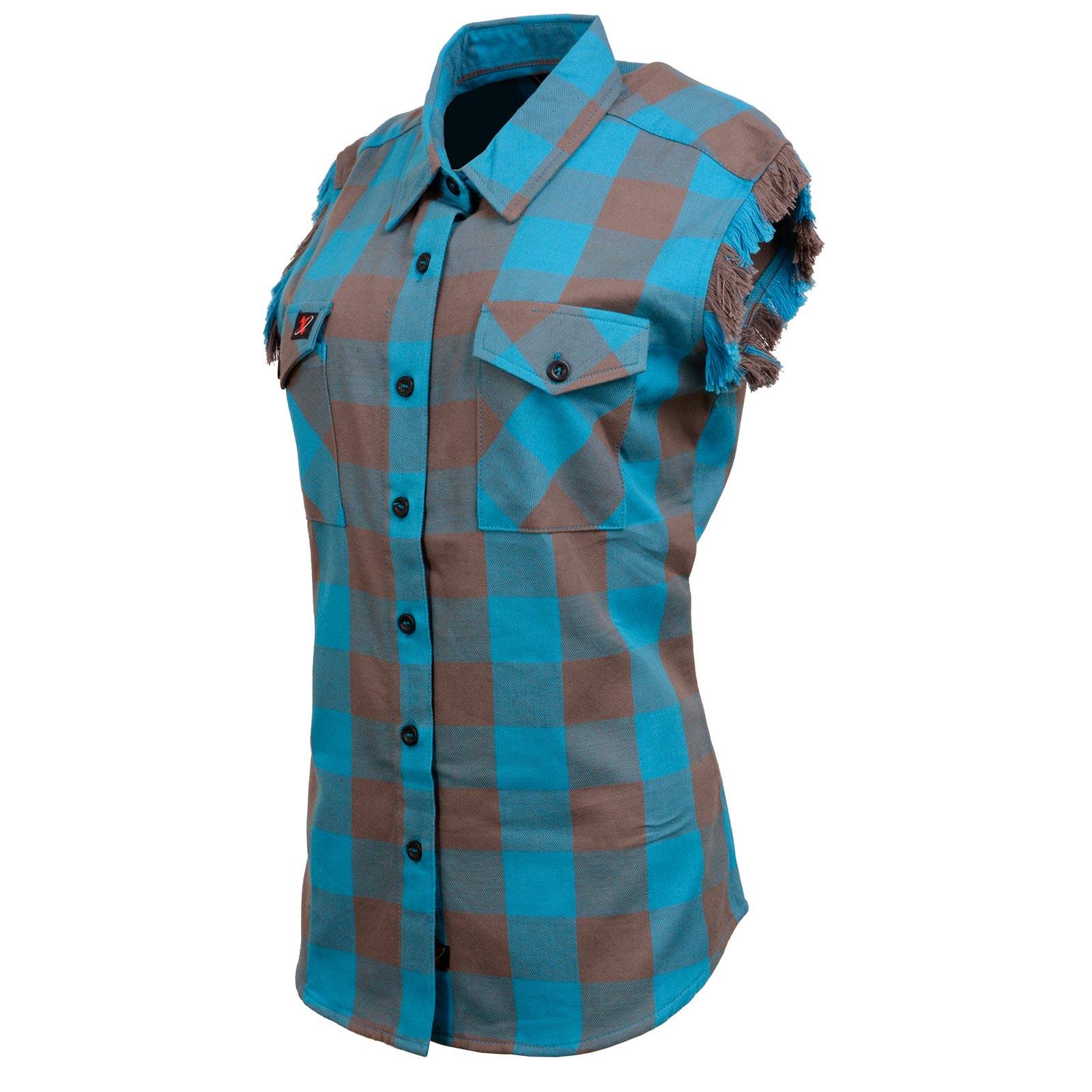 Milwaukee Leather MNG21623 Women's Flannel Brown/Aqua Button Down Sleeveless Cut Off Shirt w/ Frill Arm