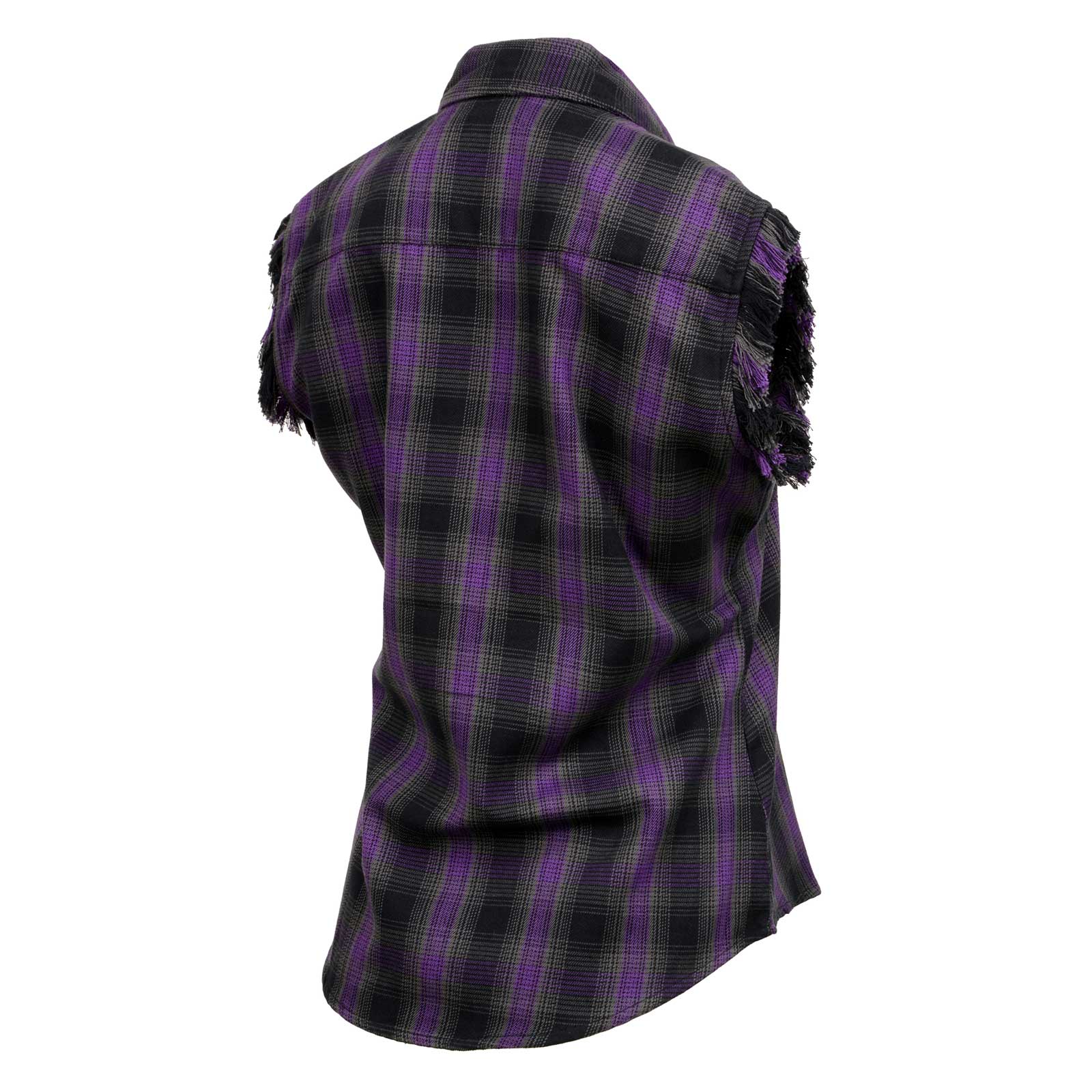 Milwaukee Leather MNG21624 Women's Flannel Black/Purple Button Sleeveless Cut Off Shirt w/ Frill Arms - Black / Small Milwaukee Leather MNG21624 Women's Flannel Black/Purple Button Sleeveless Cut Off Shirt w/ Frill Arms - Black / Small