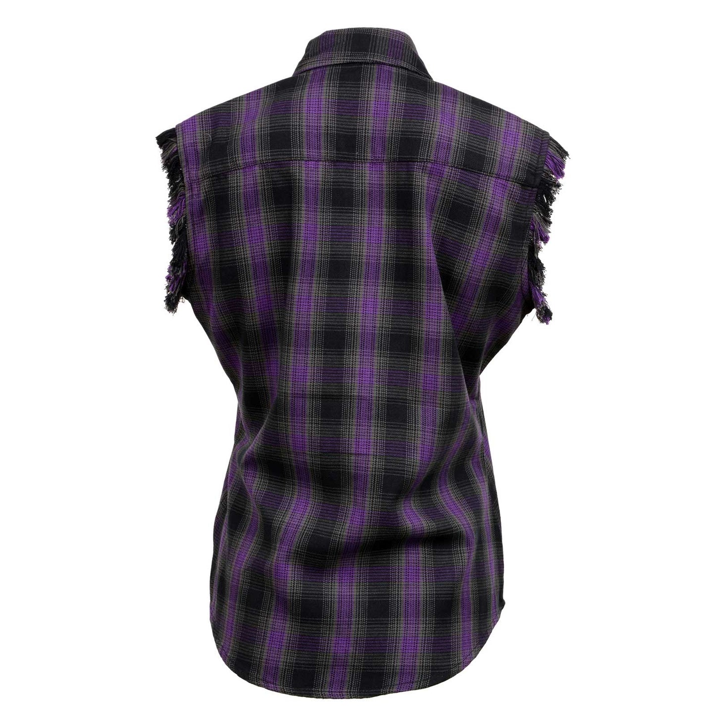 Milwaukee Leather MNG21624 Women's Flannel Black/Purple Button Sleeveless Cut Off Shirt w/ Frill Arms