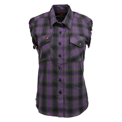 Milwaukee Leather MNG21624 Women's Flannel Black/Purple Button Sleeveless Cut Off Shirt w/ Frill Arms