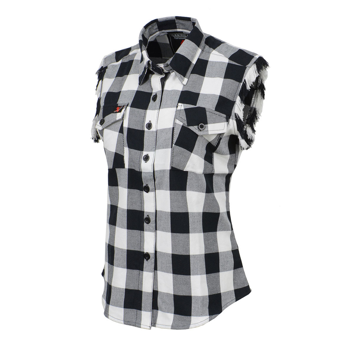 Milwaukee Leather MNG21625 Women's Flannel Down Sleeveless Shirt w/ Button Black / White & Cut Off Frill Arm Hole