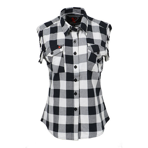 Milwaukee Leather MNG21625 Women's Flannel Down Sleeveless Shirt w/ Button Black / White & Cut Off Frill Arm Hole