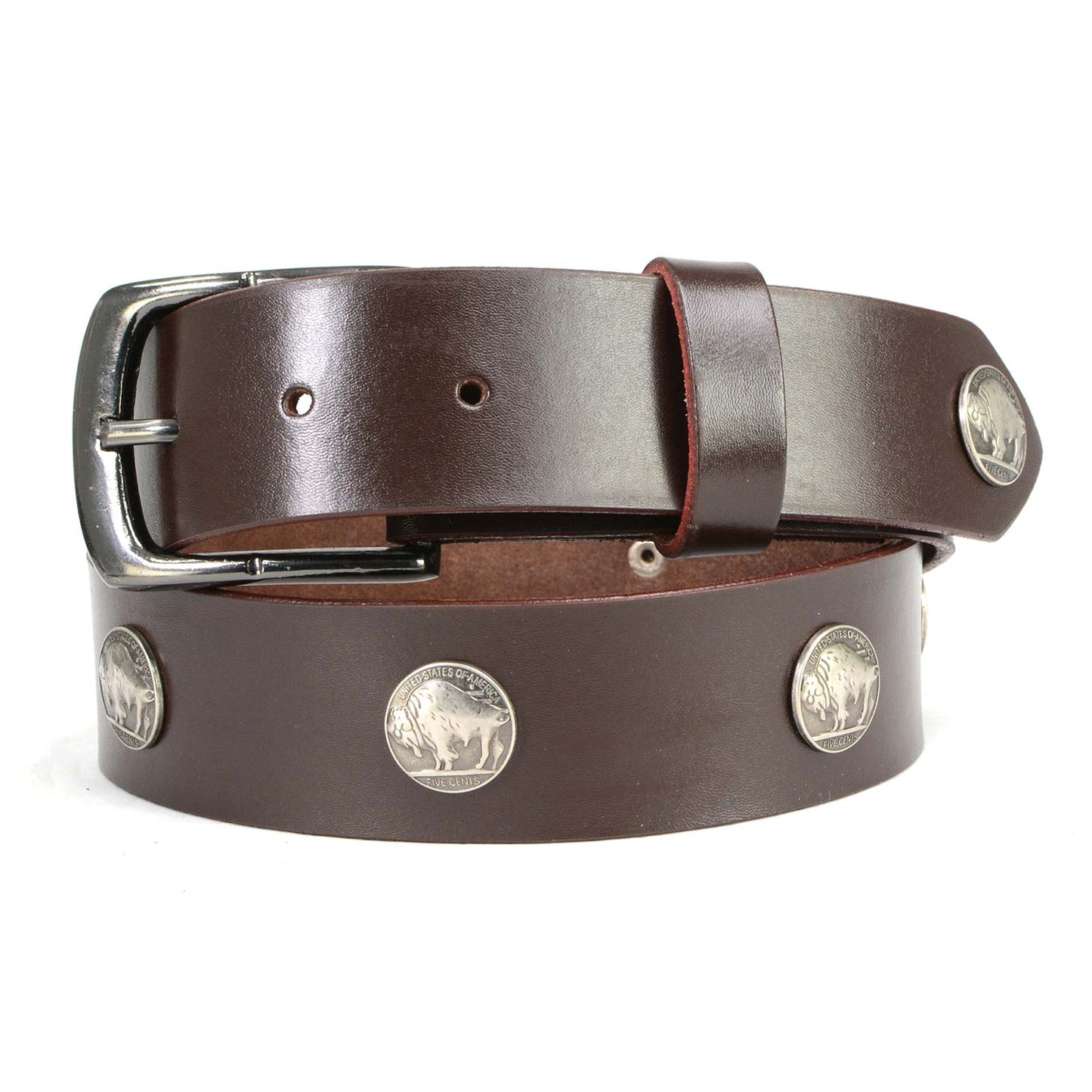 Milwaukee Leather MP7107 Men's 5 Cent Buffalo Coin - Brown Genuine Leather Belt with Interchangeable Buckle - 1.5 inches Wide