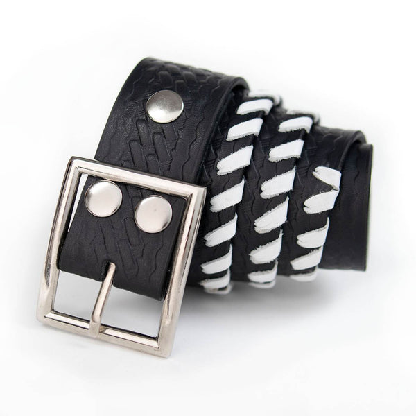 Milwaukee Leather Men's Black White Stitch Leather Belt w/ Interchangeable Buckle - 1.5 inches Wide - MP7129