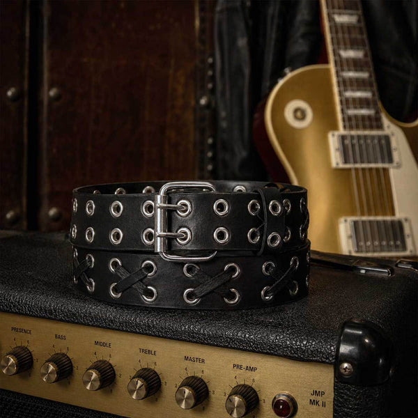 Milwaukee Leather Men's Black Double-Prong Grommet Leather Belt with Interchangeable Buckle - MP7137