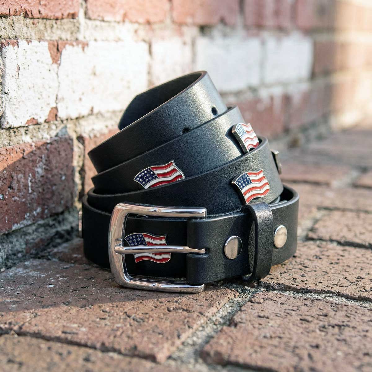 Milwaukee Leather Men's Freedom Line Black Leather Belt with USA Flag Emblems - 1.5 Inch - MP7140