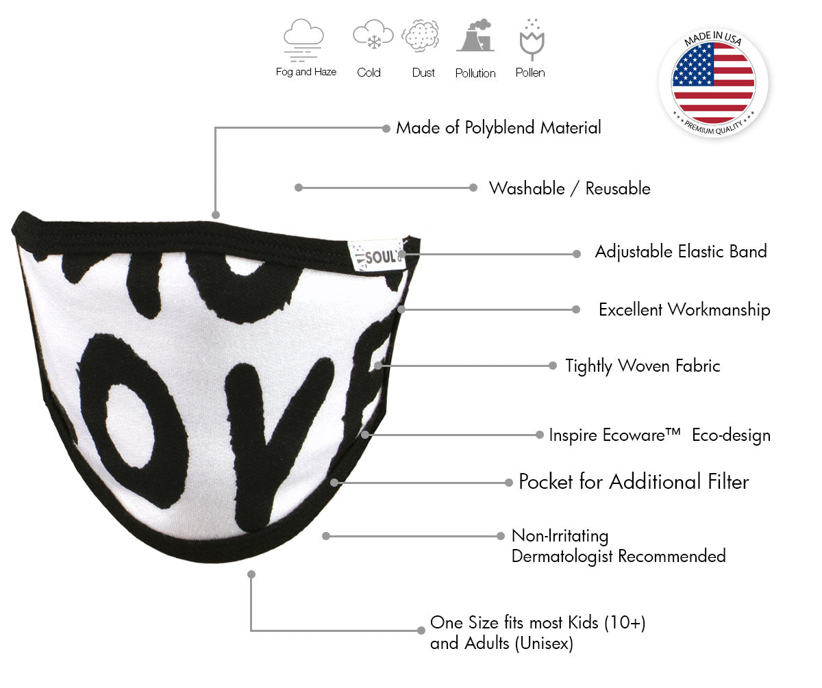 Air Soul MP7923FM USA Made 'Love' Grey and Black Protective Face Mask with Optional Filter Pocket