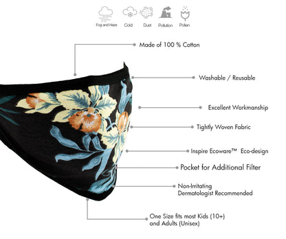 Milwaukee Leather (Multi-Pack) MP7924FM Ladies 'Floral Print' 100 % Cotton Protective Face Mask with Optional Filter Pocket