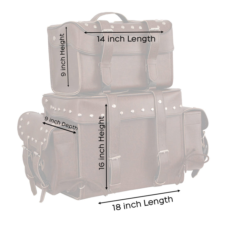 Milwaukee Leather MP8127RT Large Retro Brown 4-Piece Studded PVC Motorcycle Bag Touring Pack