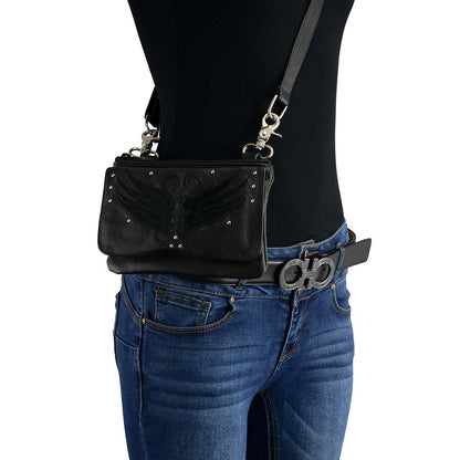 Milwaukee Leather MP8850 Ladies ‘Winged’ Black Leather Multi-Pocket Belt Bag