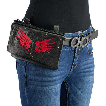 Milwaukee Leather MP8850 Ladies 'Winged' Leather Black and Red Multi Pocket Belt Bag