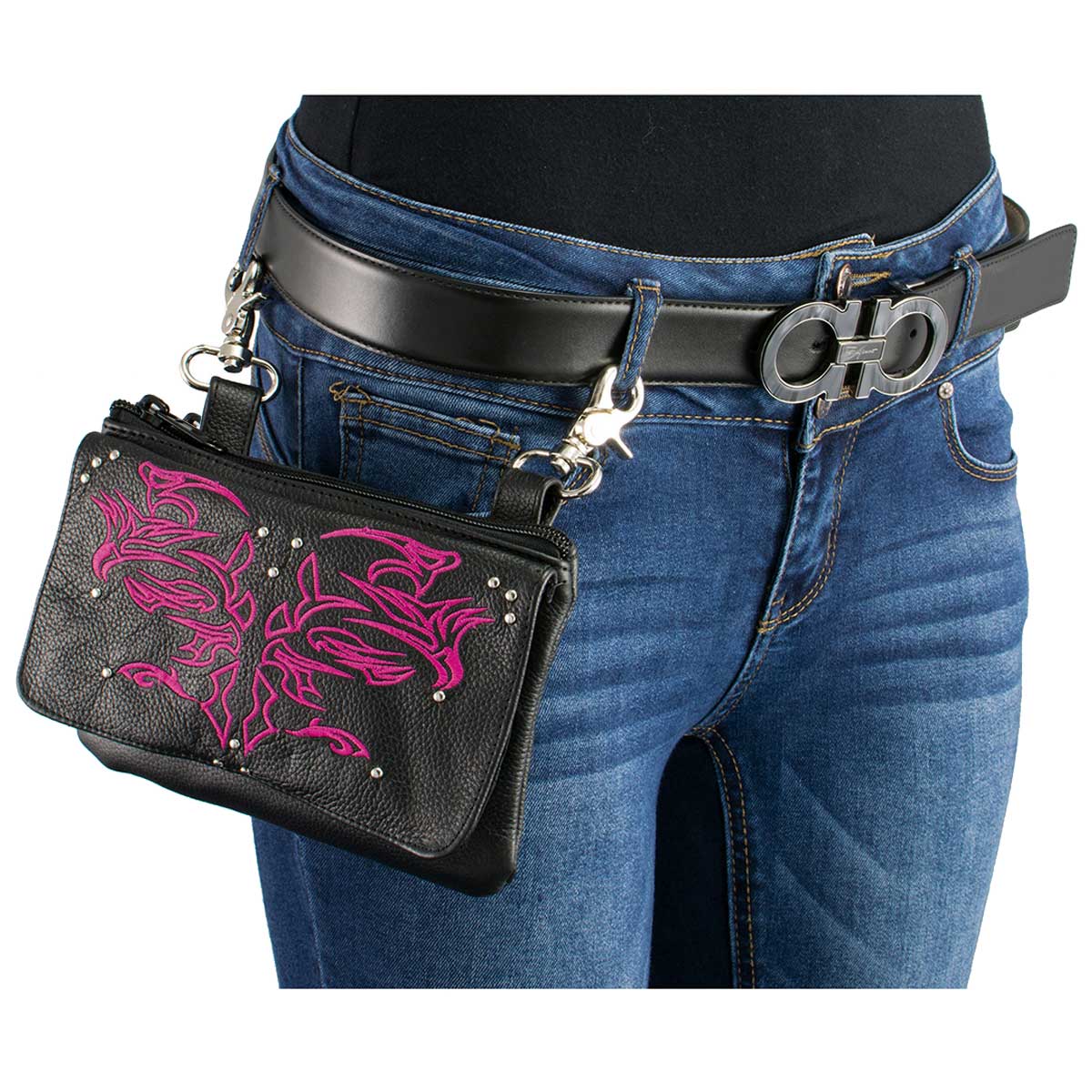 Milwaukee Leather MP8852 Women's Black and Pink Leather Multi Pocket Belt Bag