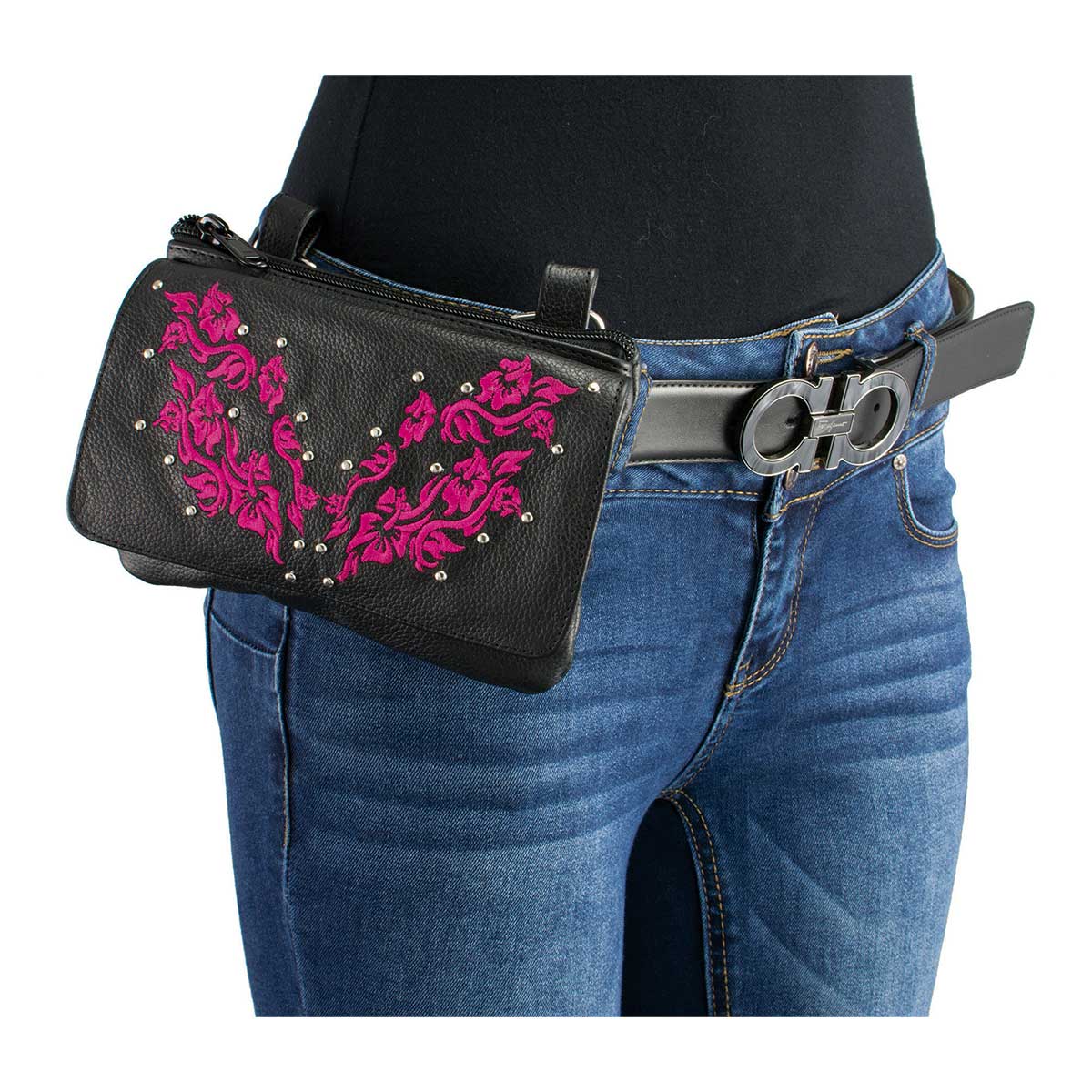 Milwaukee Leather MP8853 Women's 'Flower' Black and Pink Leather Multi Pocket Belt Bag