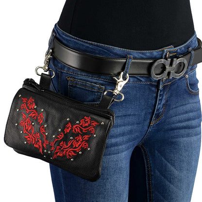 Milwaukee Leather MP8853 Women's 'Flower' Black and Red Leather Multi Pocket Belt Bag