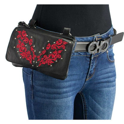 Milwaukee Leather MP8853 Women's 'Flower' Black and Red Leather Multi Pocket Belt Bag