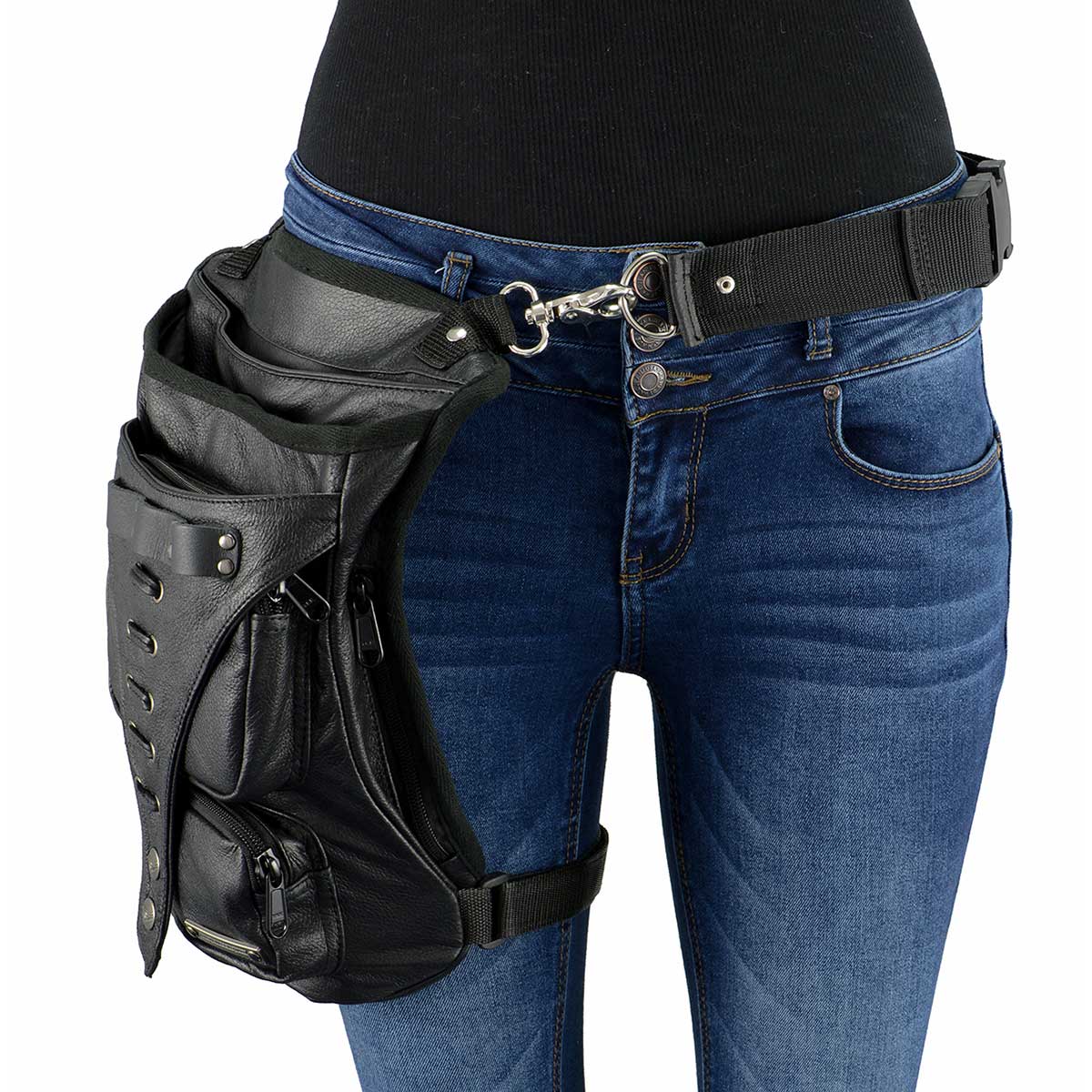 Milwaukee Leather MP8898 Black Leather Conceal and Carry Thigh Bag with Waist Belt