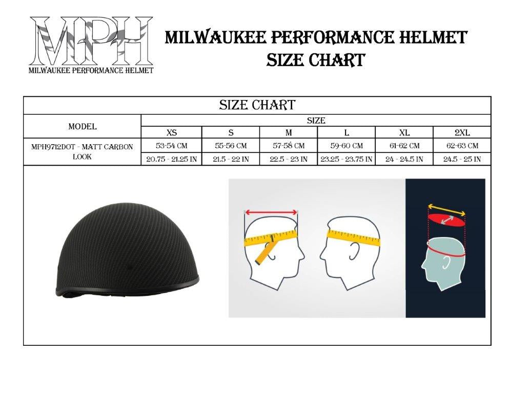 Milwaukee Performance Helmets MPH9712DOT Dot Approved Matte Black Half Motorcycle Helmet for Men and Women Biker with Carbon Fiber Look 2X-Large, Size