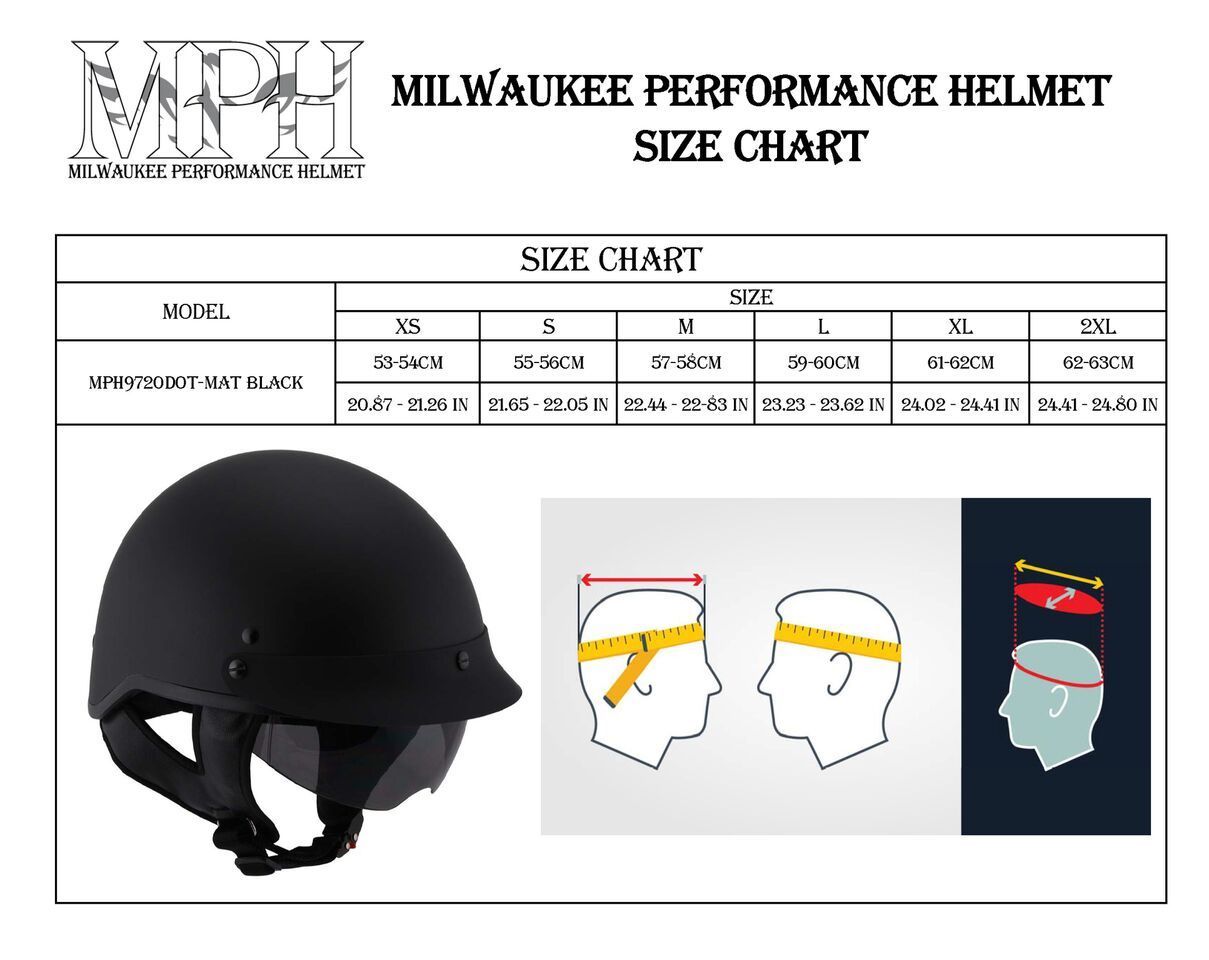 Milwaukee Performance Helmets MPH9720DOT Dot Approved 'Momentum' Matte Black Half Motorcycle Helmet for Men and Women Biker w/ Drop Down Tinted Visor