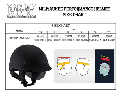 Milwaukee Performance Helmets MPH9720DOT Dot Approved 'Momentum' Matte Black Half Motorcycle Helmet for Men and Women Biker w/ Drop Down Tinted Visor