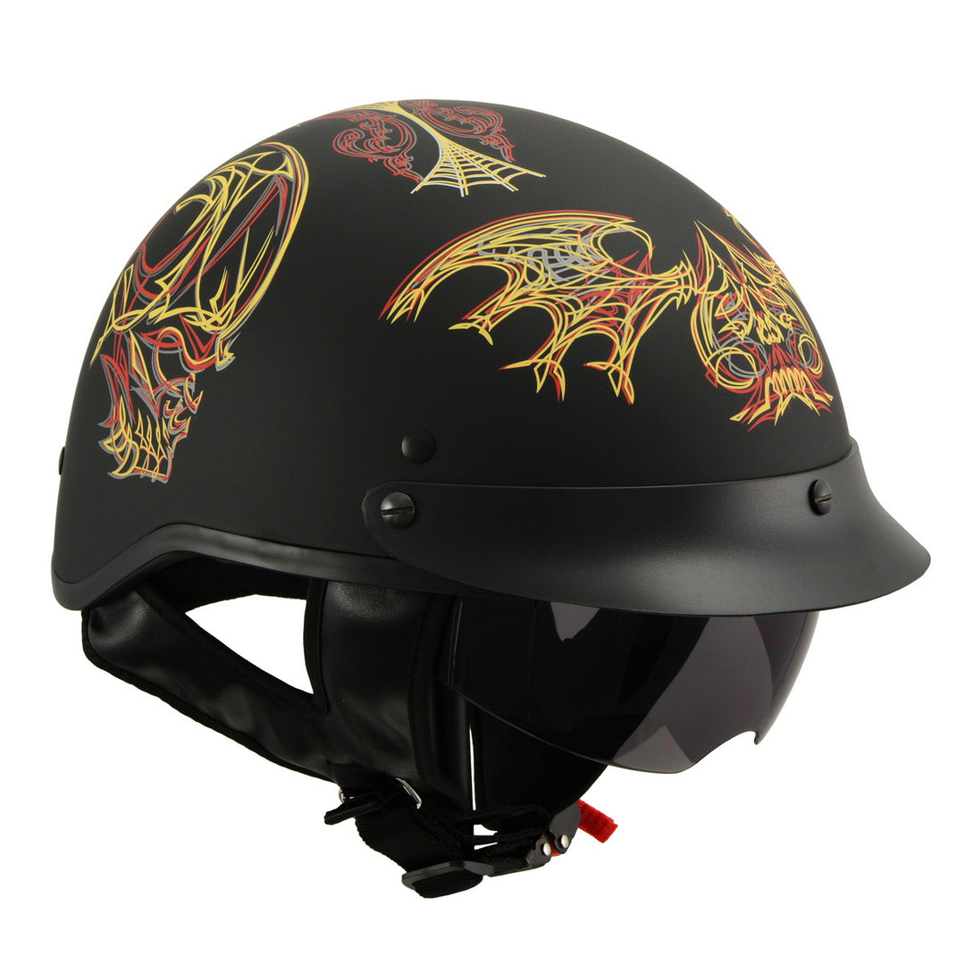 Milwaukee Helmets MPH9724DOT Skull Graphic Matte Black Half Helmet DOT w/ Drop Down Sun Visor