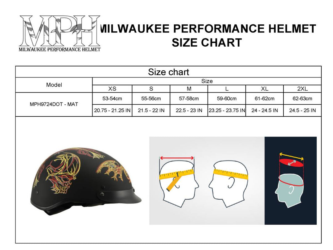 Milwaukee Helmets MPH9724DOT Skull Graphic Matte Black Half Helmet DOT w/ Drop Down Sun Visor