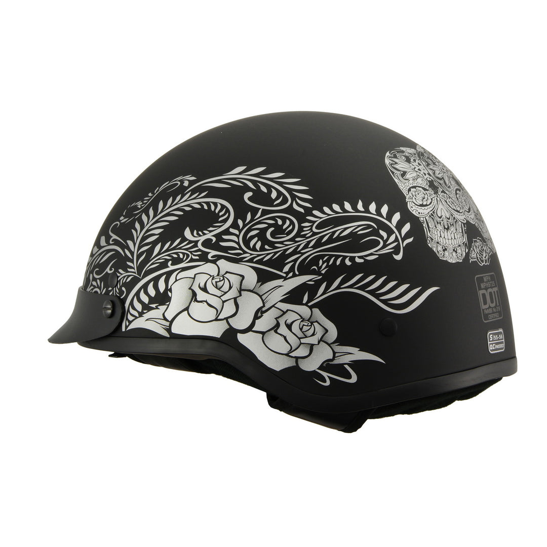 Milwaukee Helmets MPH9725DOT Sugar Skull and Rose Matte Black DOT Helmet with Drop Sun Visor