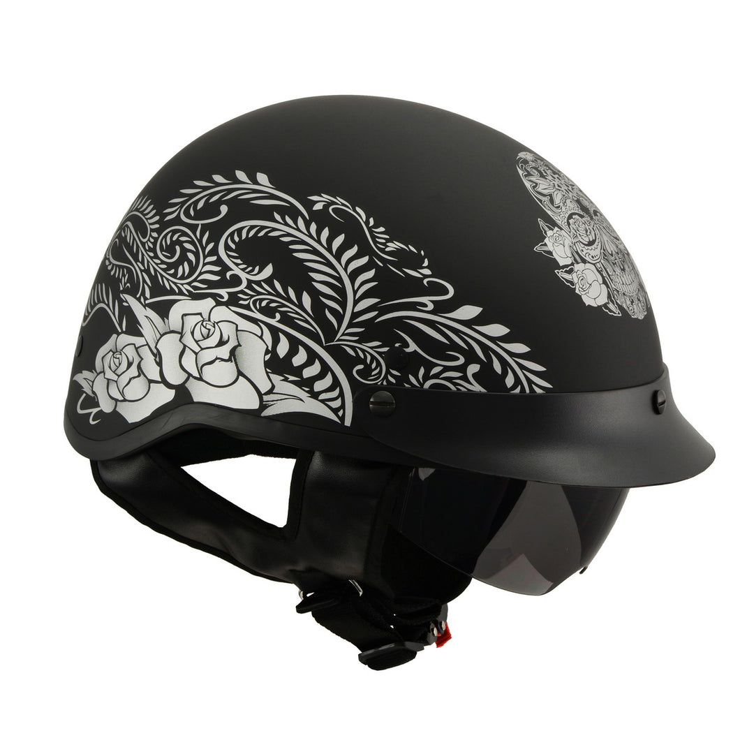 black rose motorcycle helmets Milwaukee Helmets MPH9725DOT Sugar Skull and Rose Matte Black DOT Helmet with Drop Sun Visor