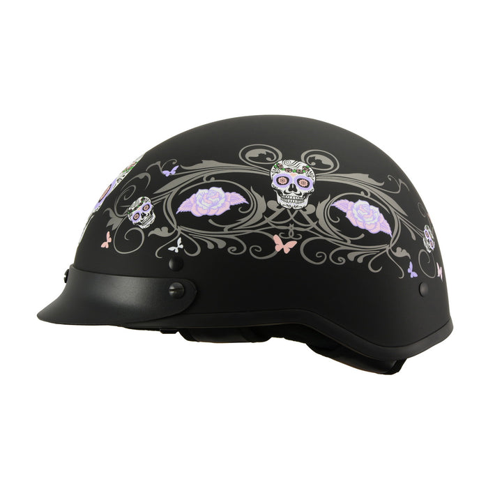 Milwaukee Performance Helmets MPH9726DOT Sugar Skull Matte Black DOT Half Helmet w/ Drop Down Visor