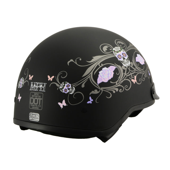 Milwaukee Performance Helmets MPH9726DOT Sugar Skull Matte Black DOT Half Helmet w/ Drop Down Visor